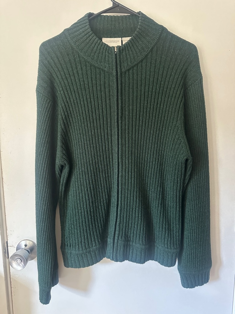 Vintage Liz Claiborne Lizsport Green Ribbed Zip Cardigan Sweater M Petite Cozy - Picture 2 of 6